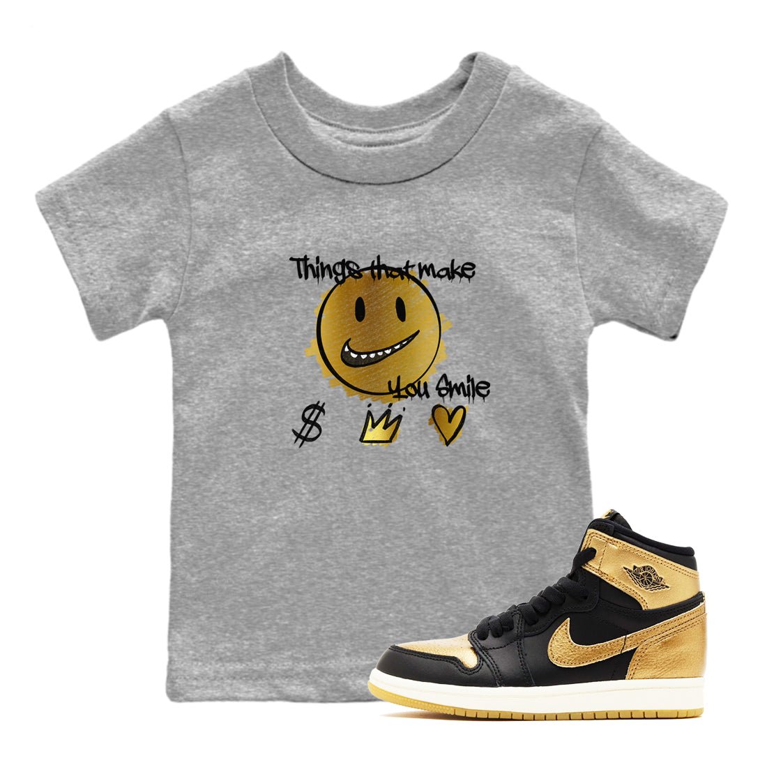 Jordan 1 High OG Black and Gold shirts to match jordans Things That Make You Smile sneaker match tees Air Jordan 1 High OG Black Metallic Gold SNRT Sneaker Release Tees Clothing Sneakerhead ShirtsBaby and Youth Heather Grey 1 cotton tee
