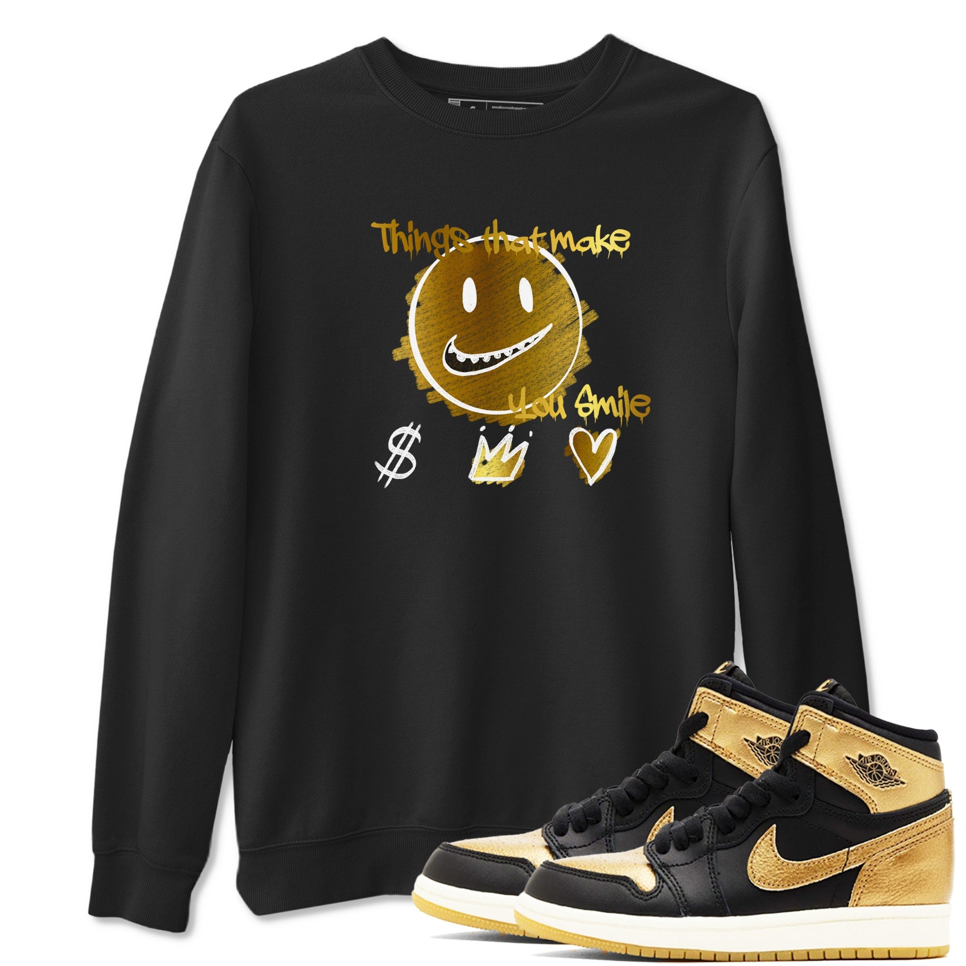Jordan 1 High OG Black and Gold shirts to match jordans Things That Make You Smile sneaker match tees Air Jordan 1 High OG Black Metallic Gold SNRT Sneaker Release Tees Clothing Sneakerhead ShirtsBlack 1 unisex cotton tee