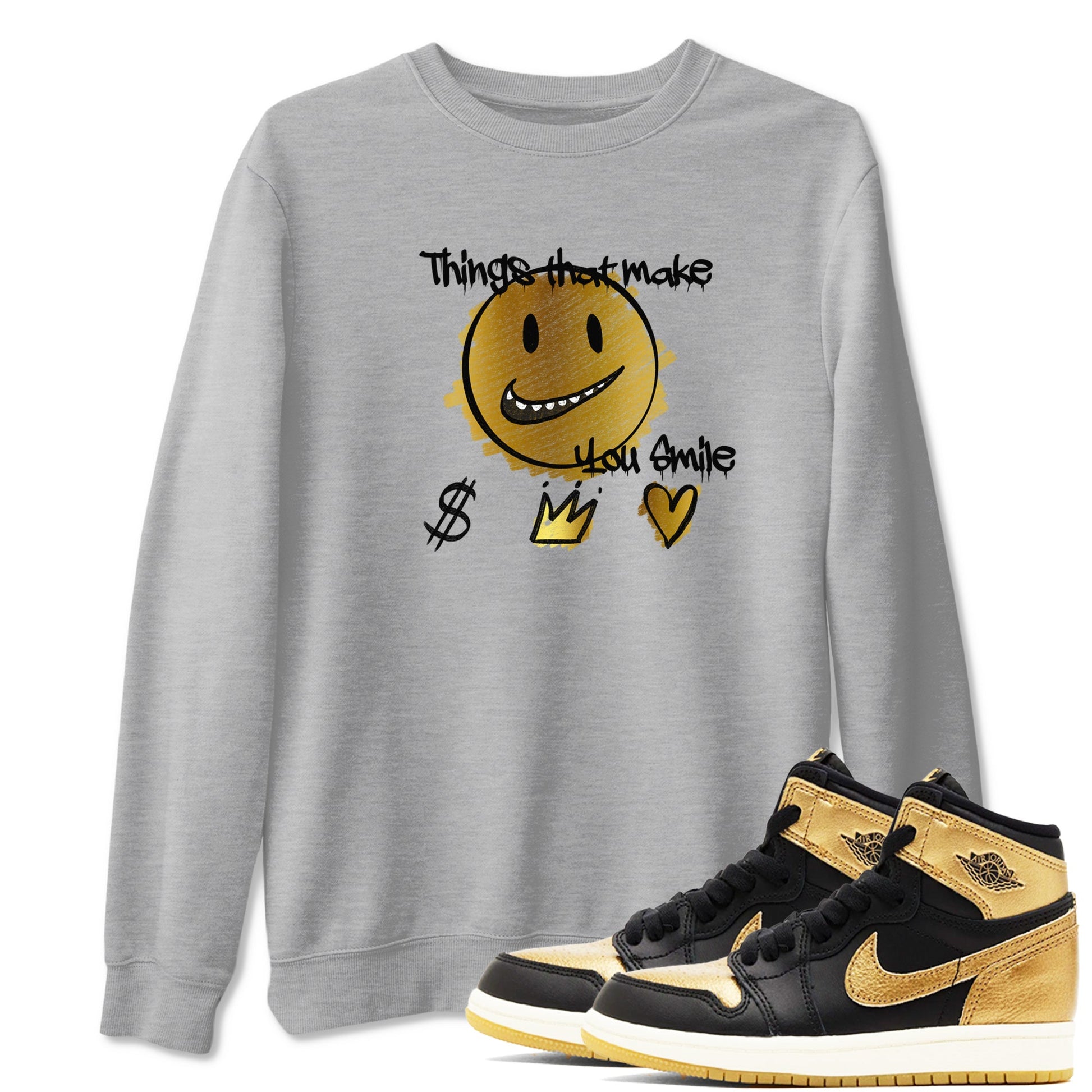 Jordan 1 High OG Black and Gold shirts to match jordans Things That Make You Smile sneaker match tees Air Jordan 1 High OG Black Metallic Gold SNRT Sneaker Release Tees Clothing Sneakerhead ShirtsHeather Grey 1 unisex cotton tee