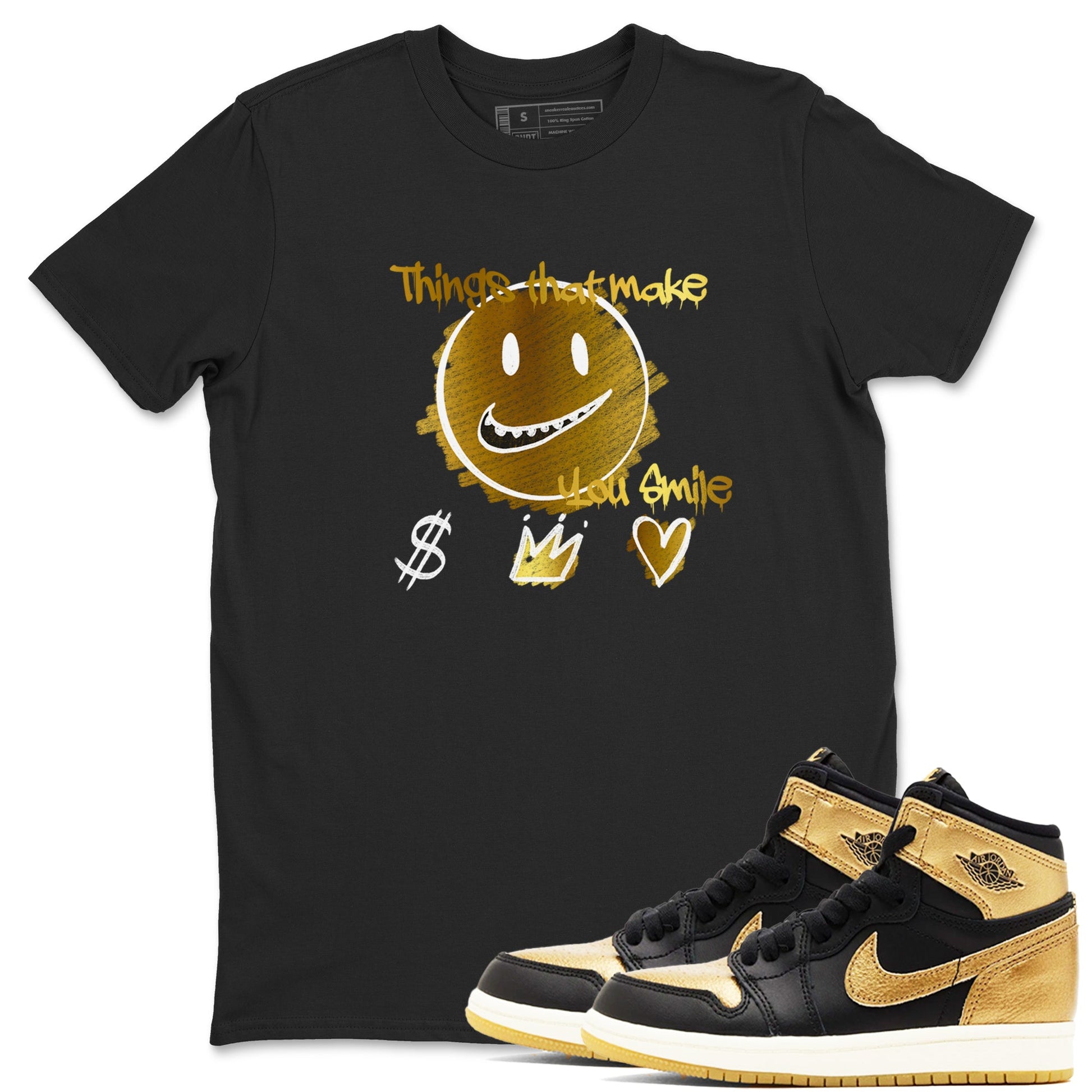 Jordan 1 High OG Black and Gold shirts to match jordans Things That Make You Smile sneaker match tees Air Jordan 1 High OG Black Metallic Gold SNRT Sneaker Release Tees Clothing Sneakerhead ShirtsBlack 1 unisex cotton tee