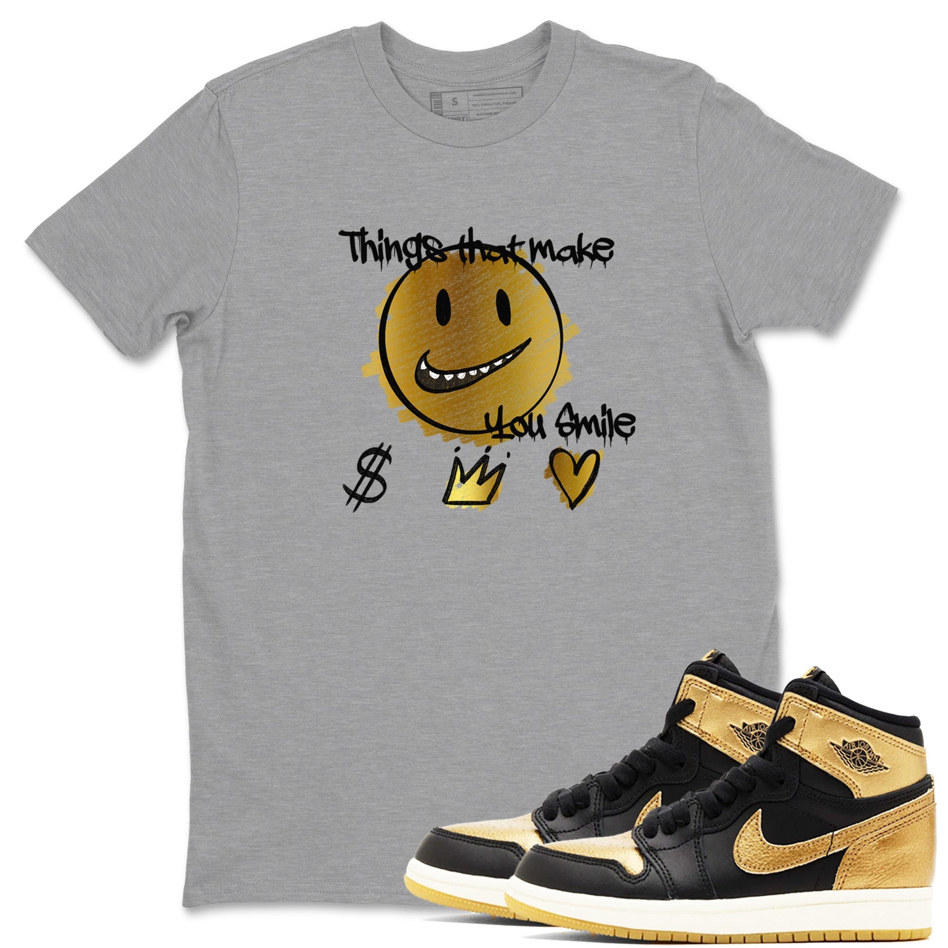 Jordan 1 High OG Black and Gold shirts to match jordans Things That Make You Smile sneaker match tees Air Jordan 1 High OG Black Metallic Gold SNRT Sneaker Release Tees Clothing Sneakerhead ShirtsHeather Grey 1 unisex cotton tee