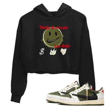 1s Travis Scott Medium Olive shirts to match jordans Things That Make You Smile sneaker match tees Air Jordan 1 Travis Scott Medium Olive SNRT Sneaker Tees streetwear brand Black 1 crop tee