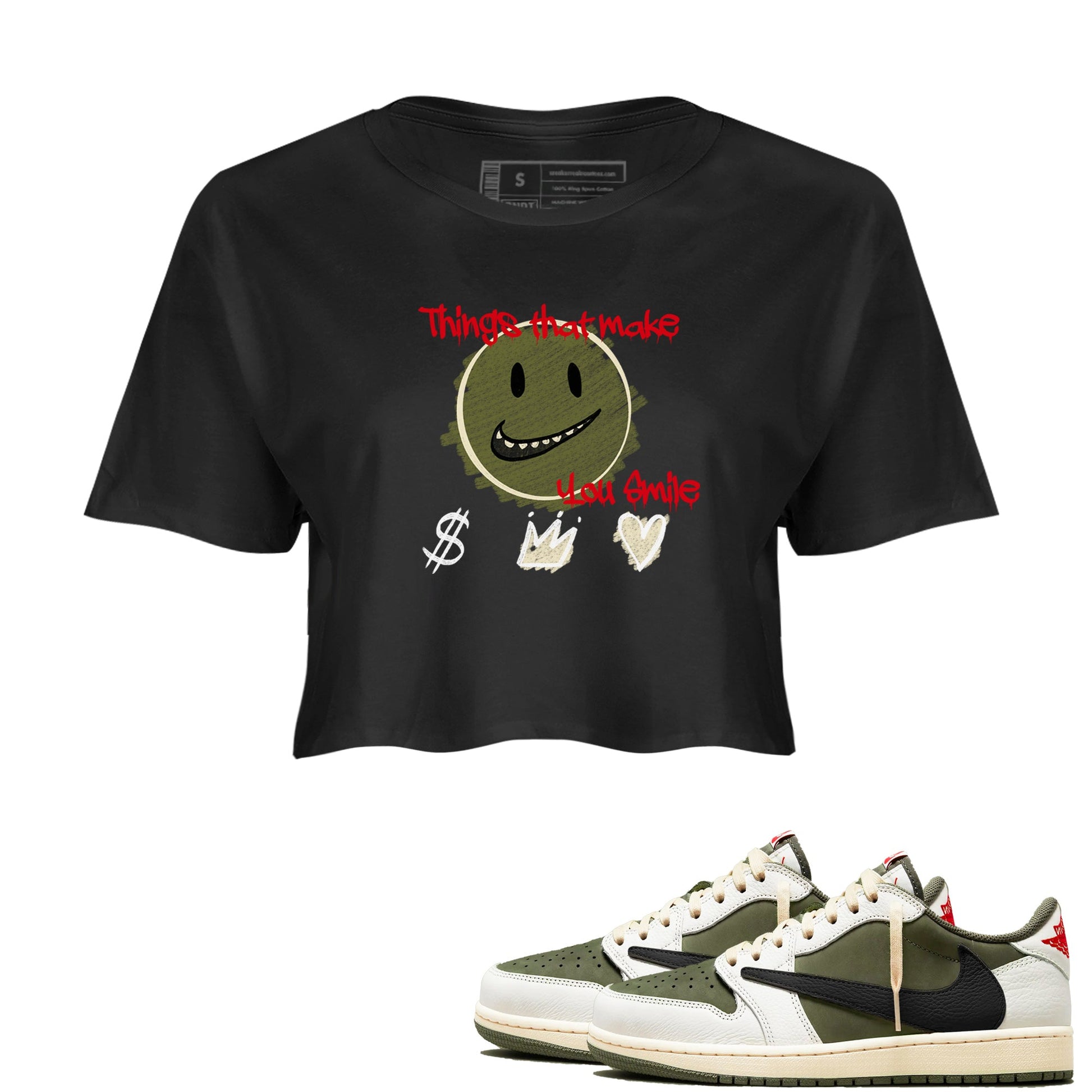 1s Travis Scott Medium Olive shirts to match jordans Things That Make You Smile sneaker match tees Air Jordan 1 Travis Scott Medium Olive SNRT Sneaker Tees streetwear brand Black 1 crop tee