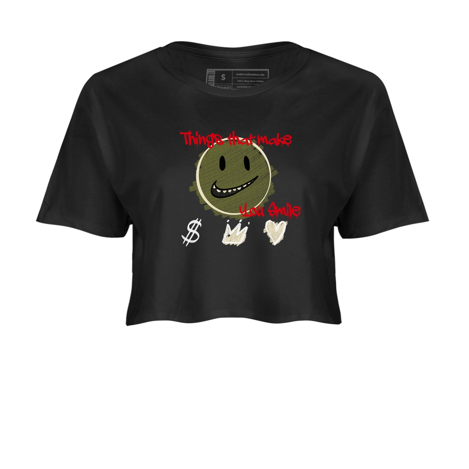 1s Travis Scott Medium Olive shirts to match jordans Things That Make You Smile sneaker match tees Air Jordan 1 Travis Scott Medium Olive SNRT Sneaker Tees streetwear brand Black 2 crop tee