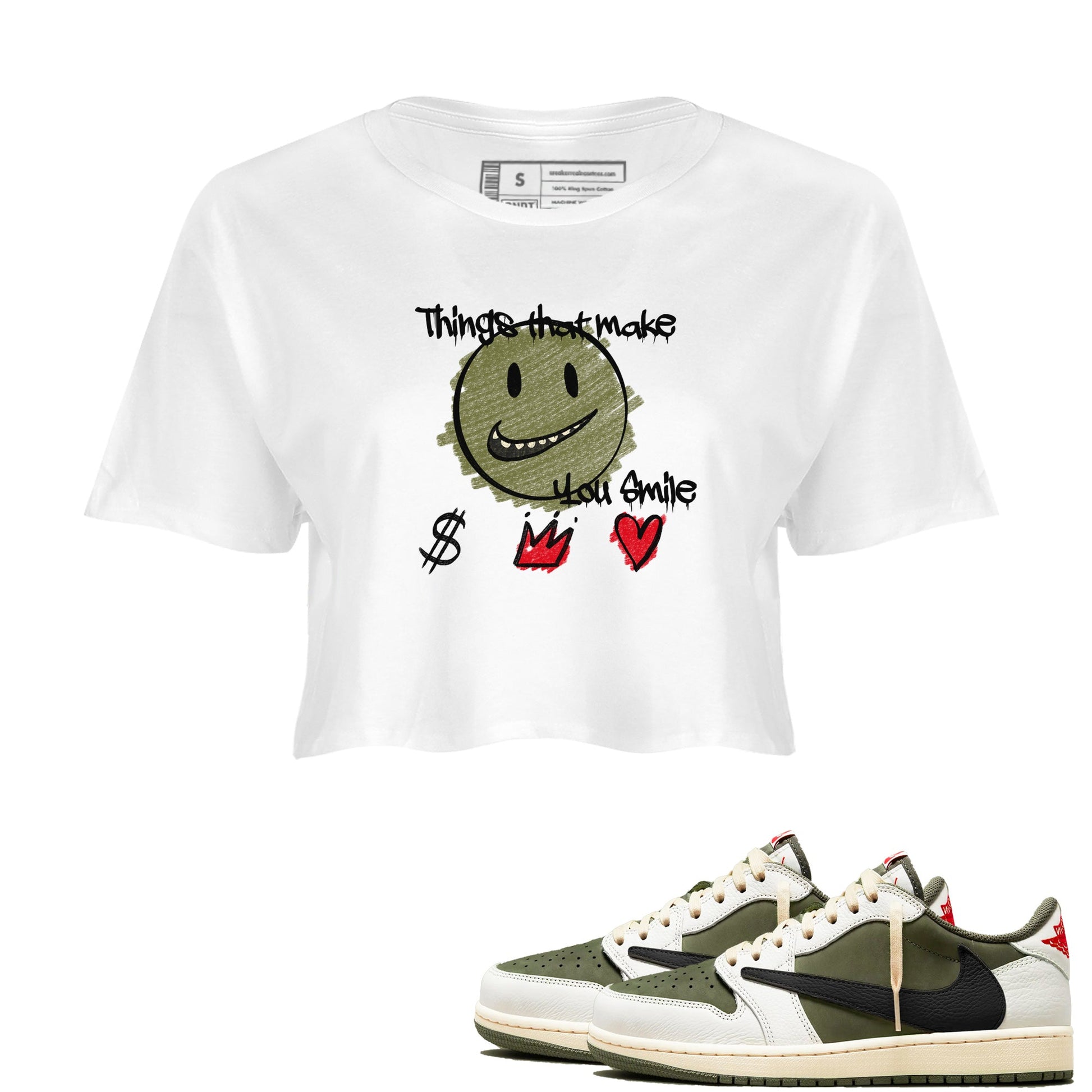1s Travis Scott Medium Olive shirts to match jordans Things That Make You Smile sneaker match tees Air Jordan 1 Travis Scott Medium Olive SNRT Sneaker Tees streetwear brand White 1 crop tee