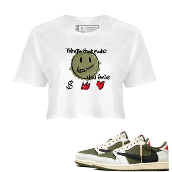 1s Travis Scott Medium Olive shirts to match jordans Things That Make You Smile sneaker match tees Air Jordan 1 Travis Scott Medium Olive SNRT Sneaker Tees streetwear brand White 1 crop tee