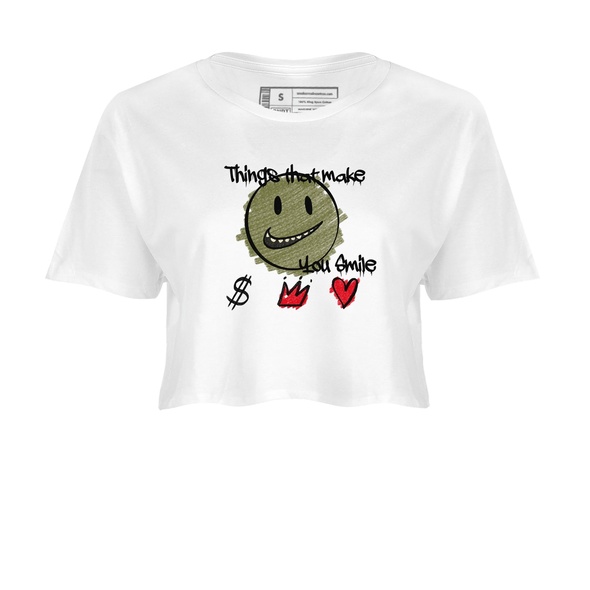 1s Travis Scott Medium Olive shirts to match jordans Things That Make You Smile sneaker match tees Air Jordan 1 Travis Scott Medium Olive SNRT Sneaker Tees streetwear brand White 2 crop tee