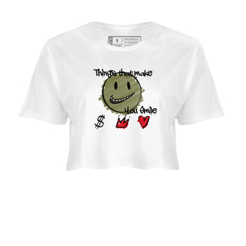 1s Travis Scott Medium Olive shirts to match jordans Things That Make You Smile sneaker match tees Air Jordan 1 Travis Scott Medium Olive SNRT Sneaker Tees streetwear brand White 2 crop tee