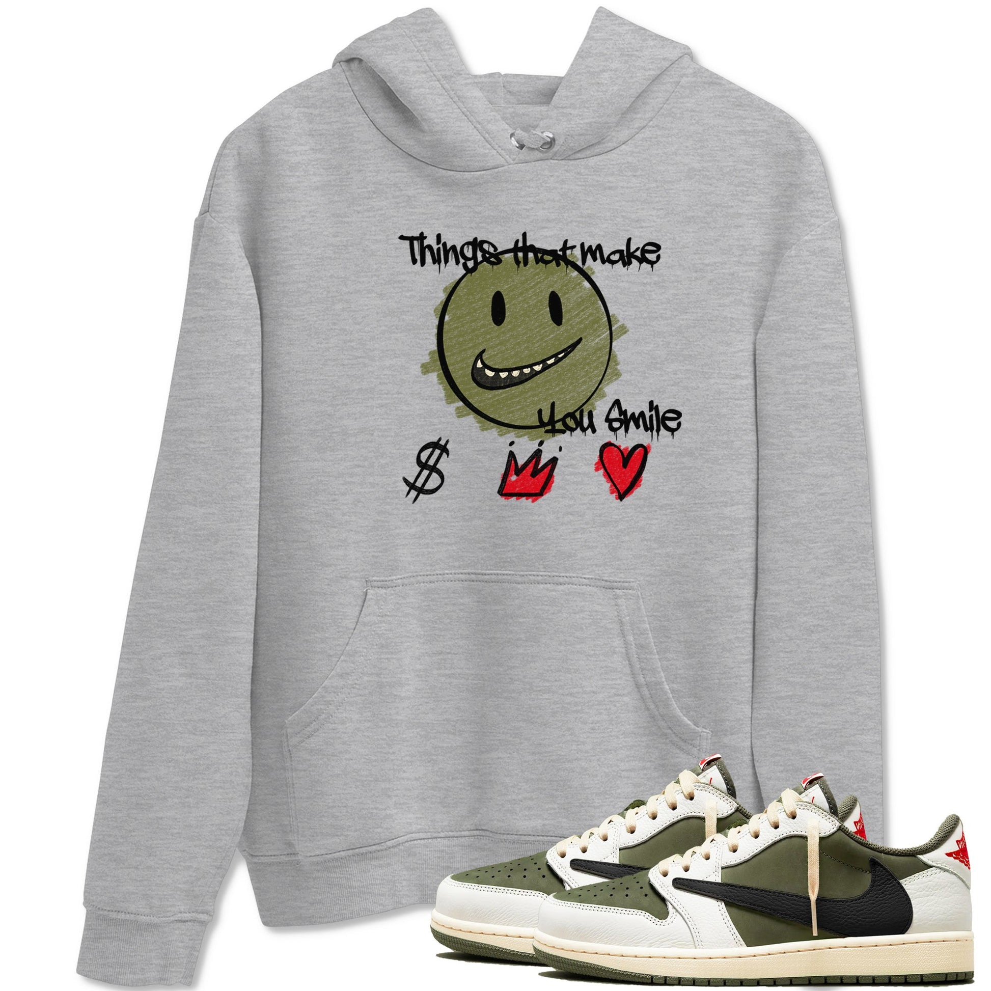 1s Travis Scott Medium Olive shirts to match jordans Things That Make You Smile sneaker match tees Air Jordan 1 Travis Scott Medium Olive SNRT Sneaker Tees streetwear brand Heather Grey 1 unisex cotton tee