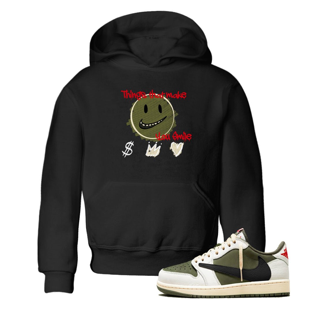 1s Travis Scott Medium Olive shirts to match jordans Things That Make You Smile sneaker match tees Air Jordan 1 Travis Scott Medium Olive SNRT Sneaker Tees streetwear brand Baby and Youth Black 1 cotton tee