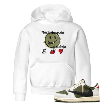 1s Travis Scott Medium Olive shirts to match jordans Things That Make You Smile sneaker match tees Air Jordan 1 Travis Scott Medium Olive SNRT Sneaker Tees streetwear brand Baby and Youth White 1 cotton tee