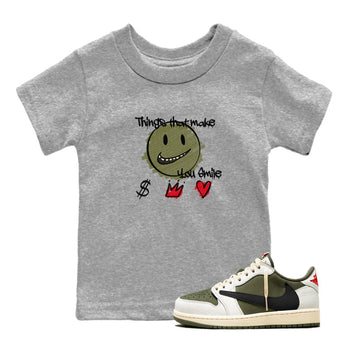 1s Travis Scott Medium Olive shirts to match jordans Things That Make You Smile sneaker match tees Air Jordan 1 Travis Scott Medium Olive SNRT Sneaker Tees streetwear brand Baby and Youth Heather Grey 1 cotton tee