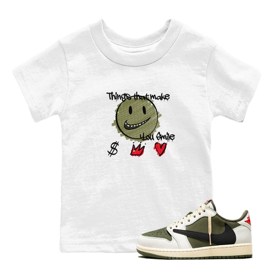 1s Travis Scott Medium Olive shirts to match jordans Things That Make You Smile sneaker match tees Air Jordan 1 Travis Scott Medium Olive SNRT Sneaker Tees streetwear brand Baby and Youth White 1 cotton tee