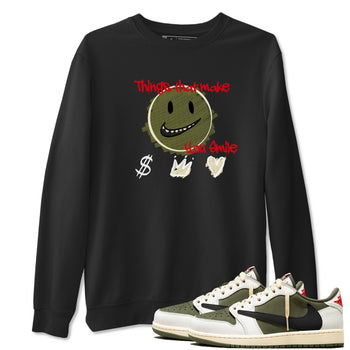 1s Travis Scott Medium Olive shirts to match jordans Things That Make You Smile sneaker match tees Air Jordan 1 Travis Scott Medium Olive SNRT Sneaker Tees streetwear brand Black 1 unisex cotton tee