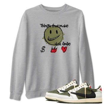 1s Travis Scott Medium Olive shirts to match jordans Things That Make You Smile sneaker match tees Air Jordan 1 Travis Scott Medium Olive SNRT Sneaker Tees streetwear brand Heather Grey 1 unisex cotton tee