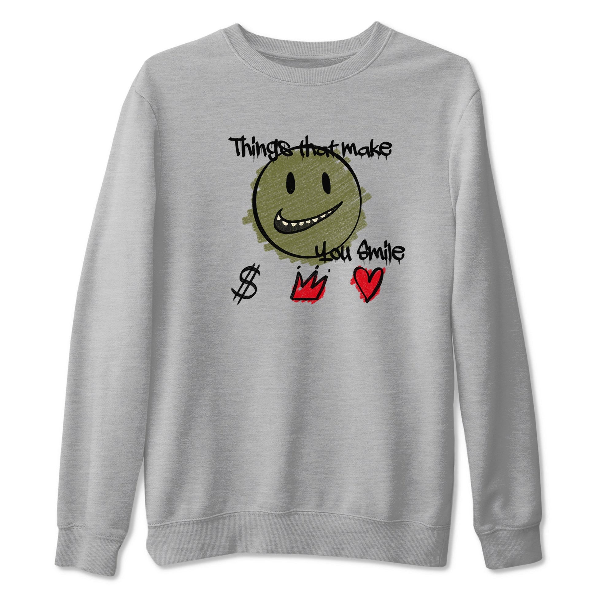 1s Travis Scott Medium Olive shirts to match jordans Things That Make You Smile sneaker match tees Air Jordan 1 Travis Scott Medium Olive SNRT Sneaker Tees streetwear brand Heather Grey 2 unisex cotton tee