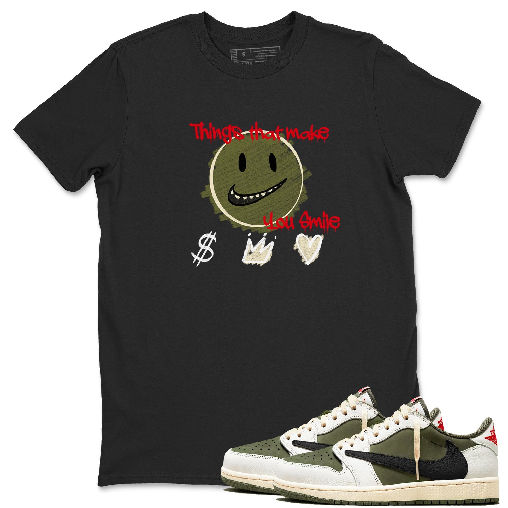 1s Travis Scott Medium Olive shirts to match jordans Things That Make You Smile sneaker match tees Air Jordan 1 Travis Scott Medium Olive SNRT Sneaker Tees streetwear brand Black 1 unisex cotton tee