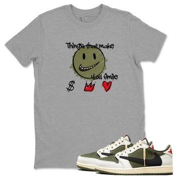 1s Travis Scott Medium Olive shirts to match jordans Things That Make You Smile sneaker match tees Air Jordan 1 Travis Scott Medium Olive SNRT Sneaker Tees streetwear brand Heather Grey 1 unisex cotton tee