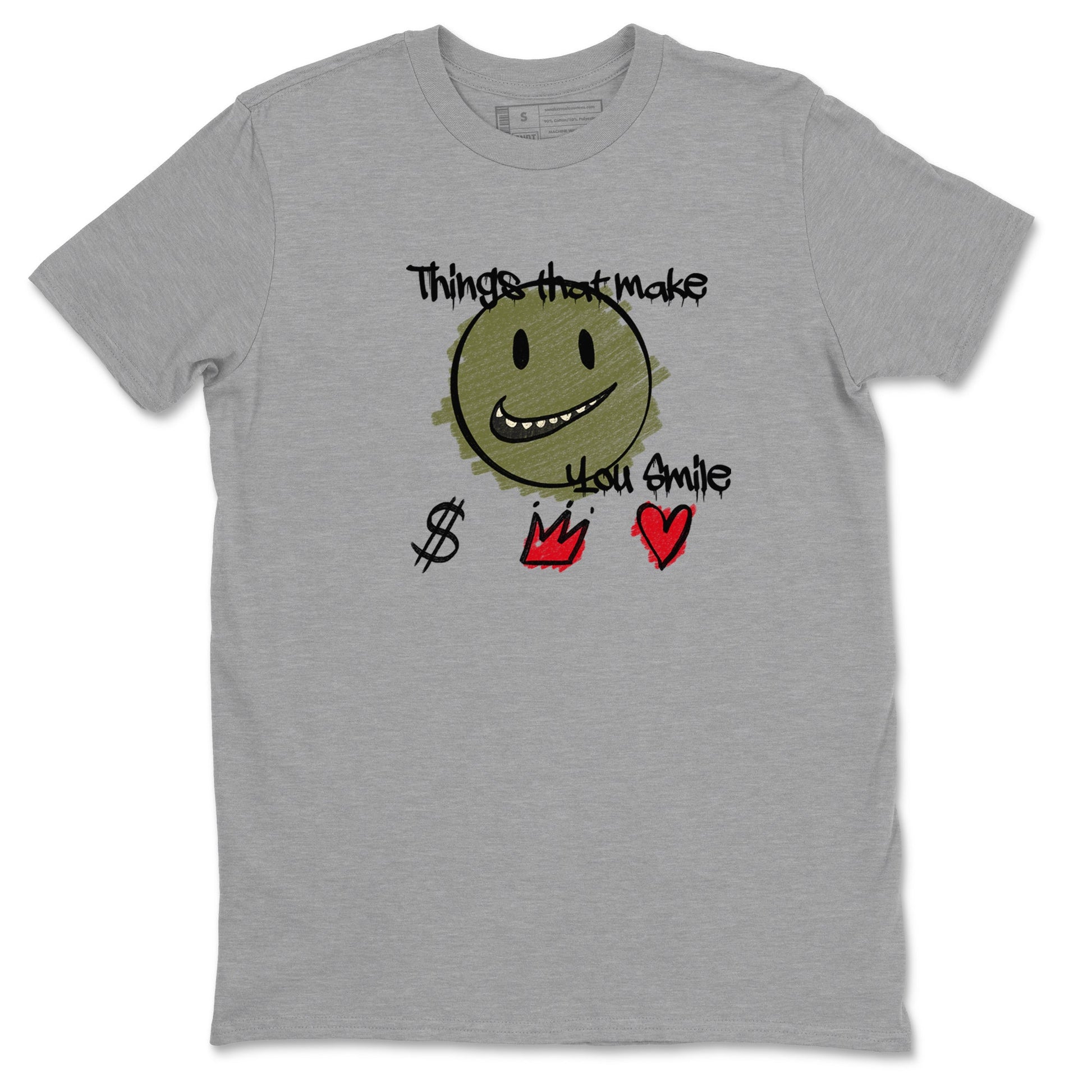1s Travis Scott Medium Olive shirts to match jordans Things That Make You Smile sneaker match tees Air Jordan 1 Travis Scott Medium Olive SNRT Sneaker Tees streetwear brand Heather Grey 2 unisex cotton tee