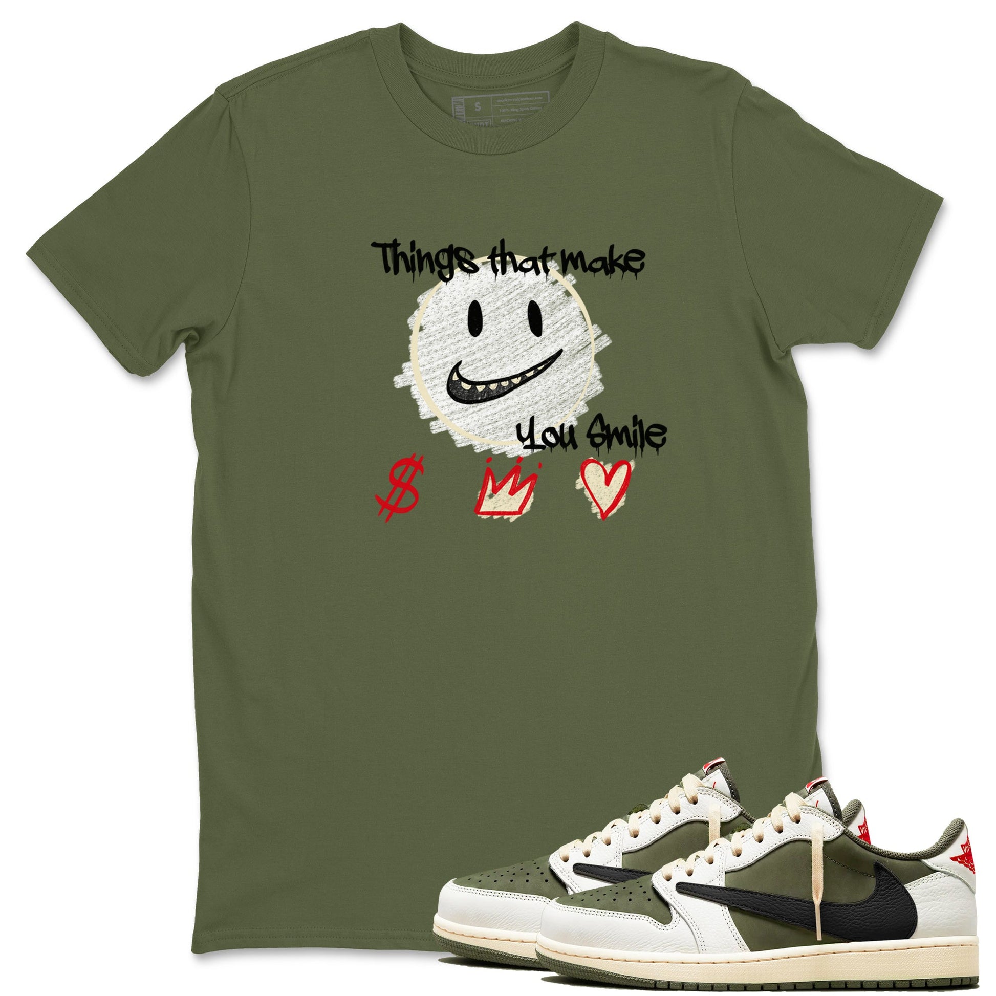 1s Travis Scott Medium Olive shirts to match jordans Things That Make You Smile sneaker match tees Air Jordan 1 Travis Scott Medium Olive SNRT Sneaker Tees streetwear brand Military Green 1 unisex cotton tee