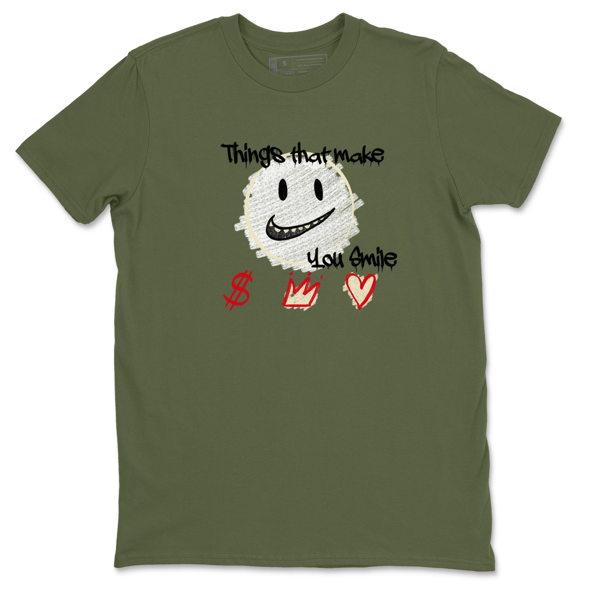 1s Travis Scott Medium Olive shirts to match jordans Things That Make You Smile sneaker match tees Air Jordan 1 Travis Scott Medium Olive SNRT Sneaker Tees streetwear brand Military Green 2 unisex cotton tee