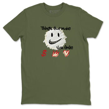 1s Travis Scott Medium Olive shirts to match jordans Things That Make You Smile sneaker match tees Air Jordan 1 Travis Scott Medium Olive SNRT Sneaker Tees streetwear brand Military Green 2 unisex cotton tee