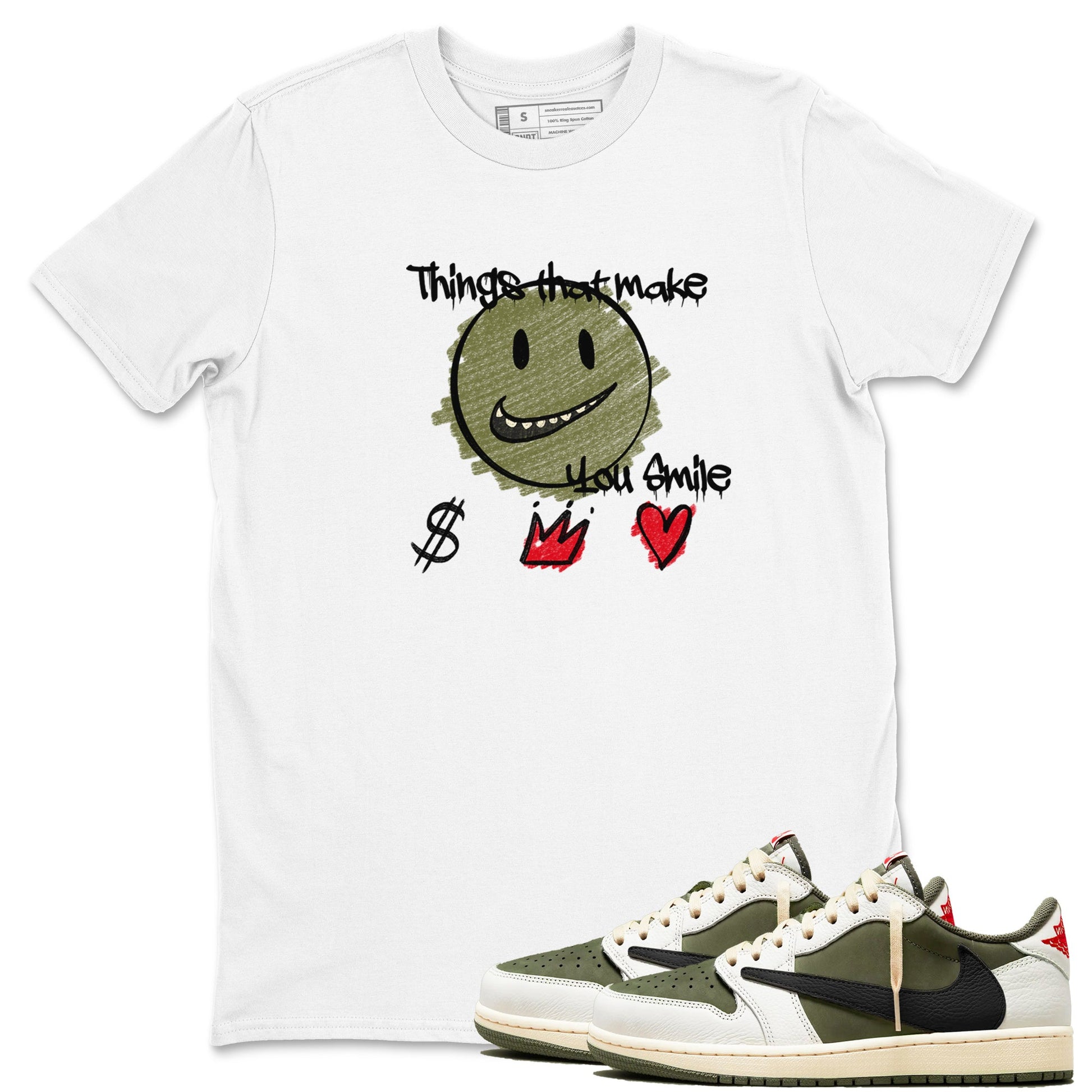 1s Travis Scott Medium Olive shirts to match jordans Things That Make You Smile sneaker match tees Air Jordan 1 Travis Scott Medium Olive SNRT Sneaker Tees streetwear brand White 1 unisex cotton tee
