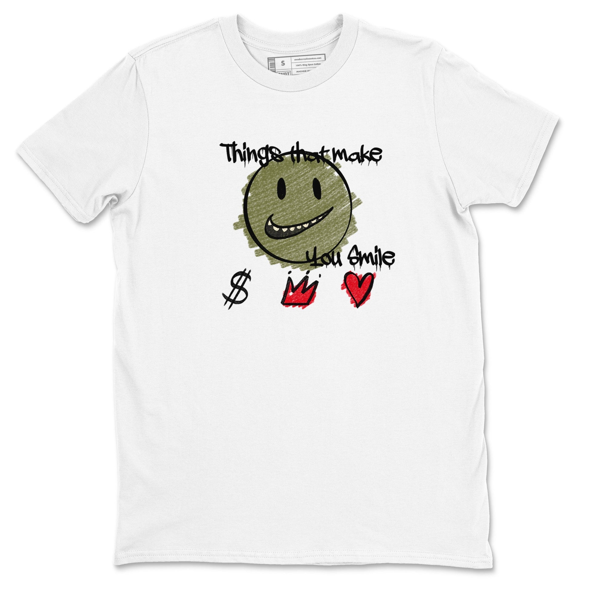 1s Travis Scott Medium Olive shirts to match jordans Things That Make You Smile sneaker match tees Air Jordan 1 Travis Scott Medium Olive SNRT Sneaker Tees streetwear brand White 2 unisex cotton tee