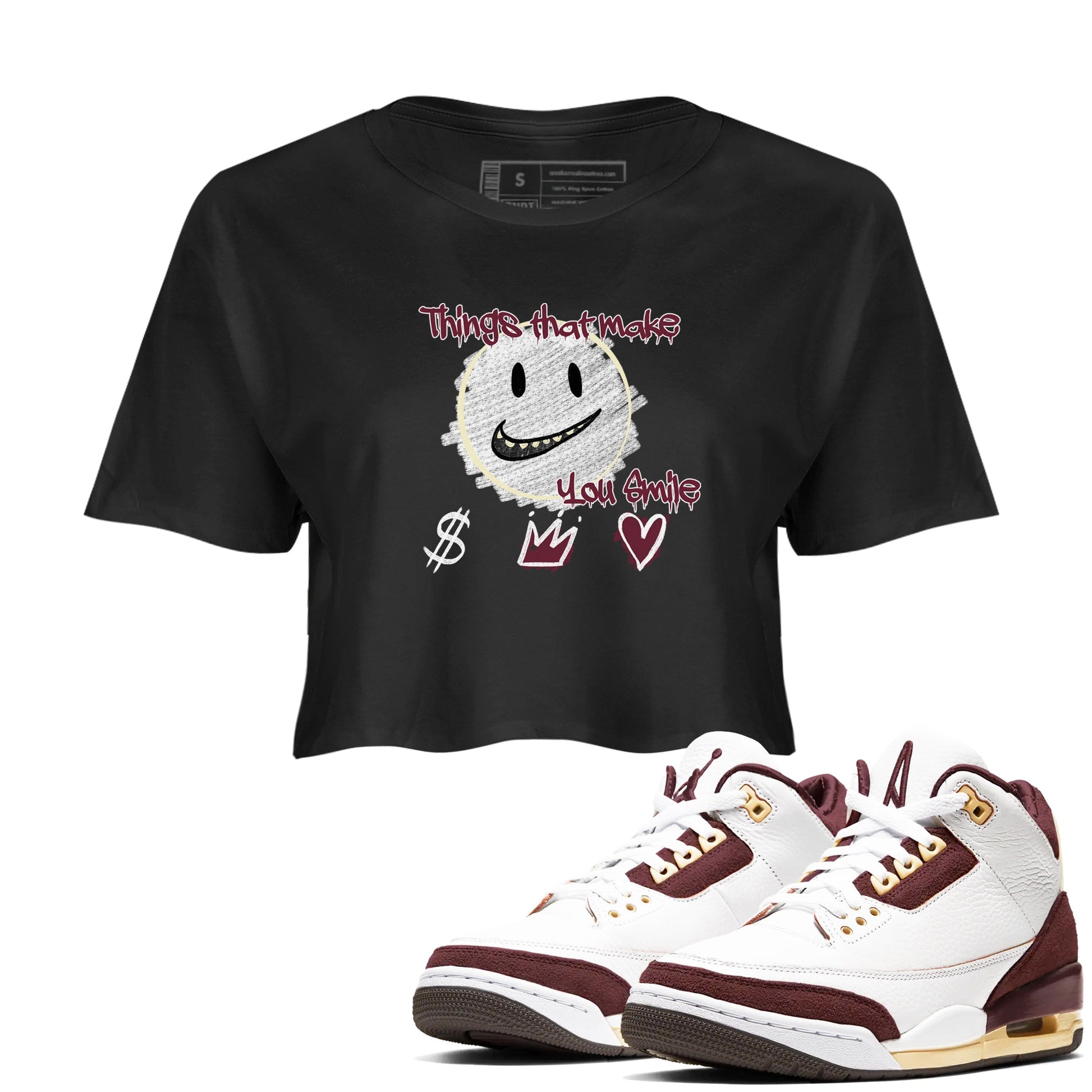 AJ3 A Ma Maniere x Burgundy Crush shirts to match jordans Things That Make You Smile sneaker match tees A Ma Maniére x Air Jordan 3 "Burgundy Crush" SNRT Sneaker Tees streetwear brand Black 1 crop tee