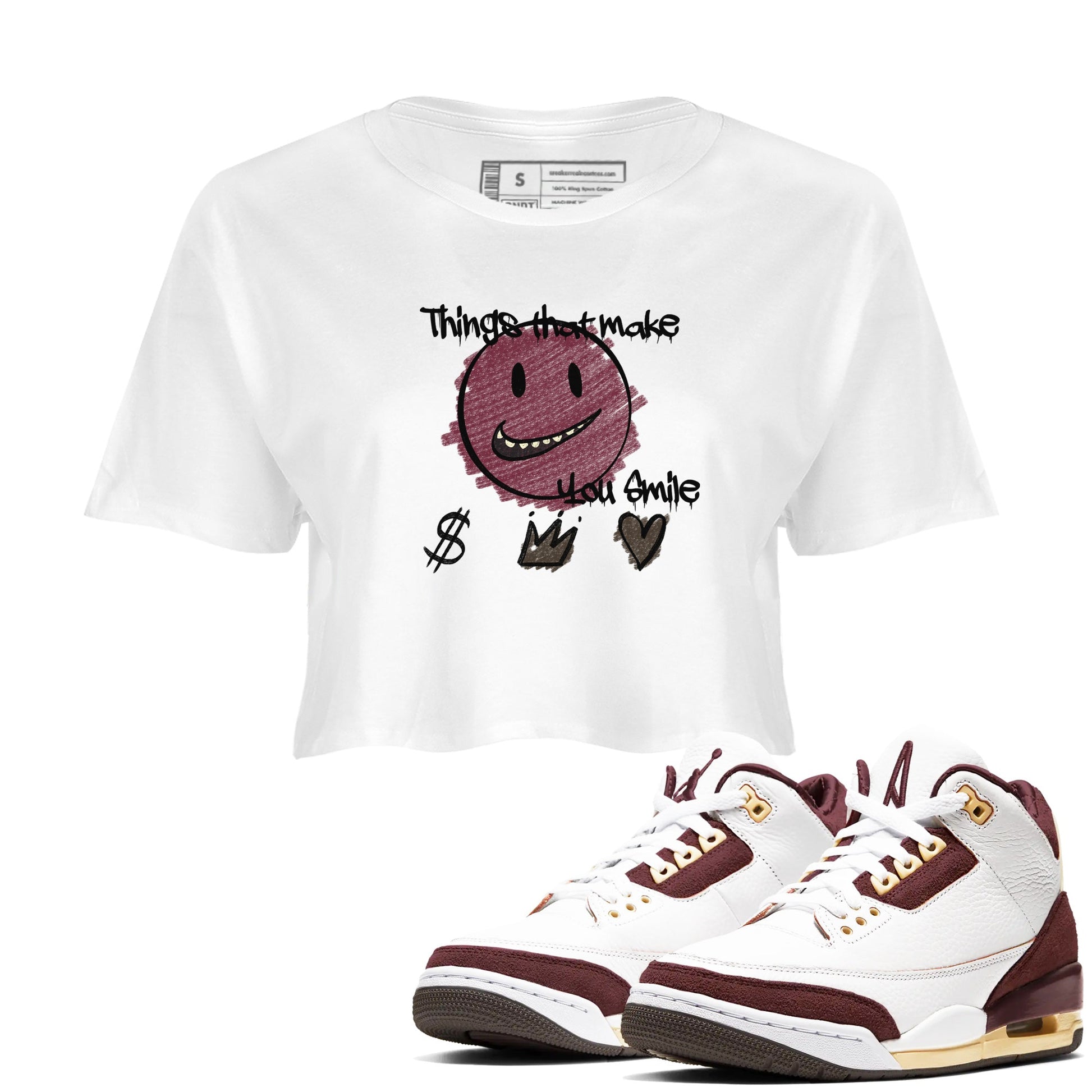AJ3 A Ma Maniere x Burgundy Crush shirts to match jordans Things That Make You Smile sneaker match tees A Ma Maniére x Air Jordan 3 "Burgundy Crush" SNRT Sneaker Tees streetwear brand White 1 crop tee