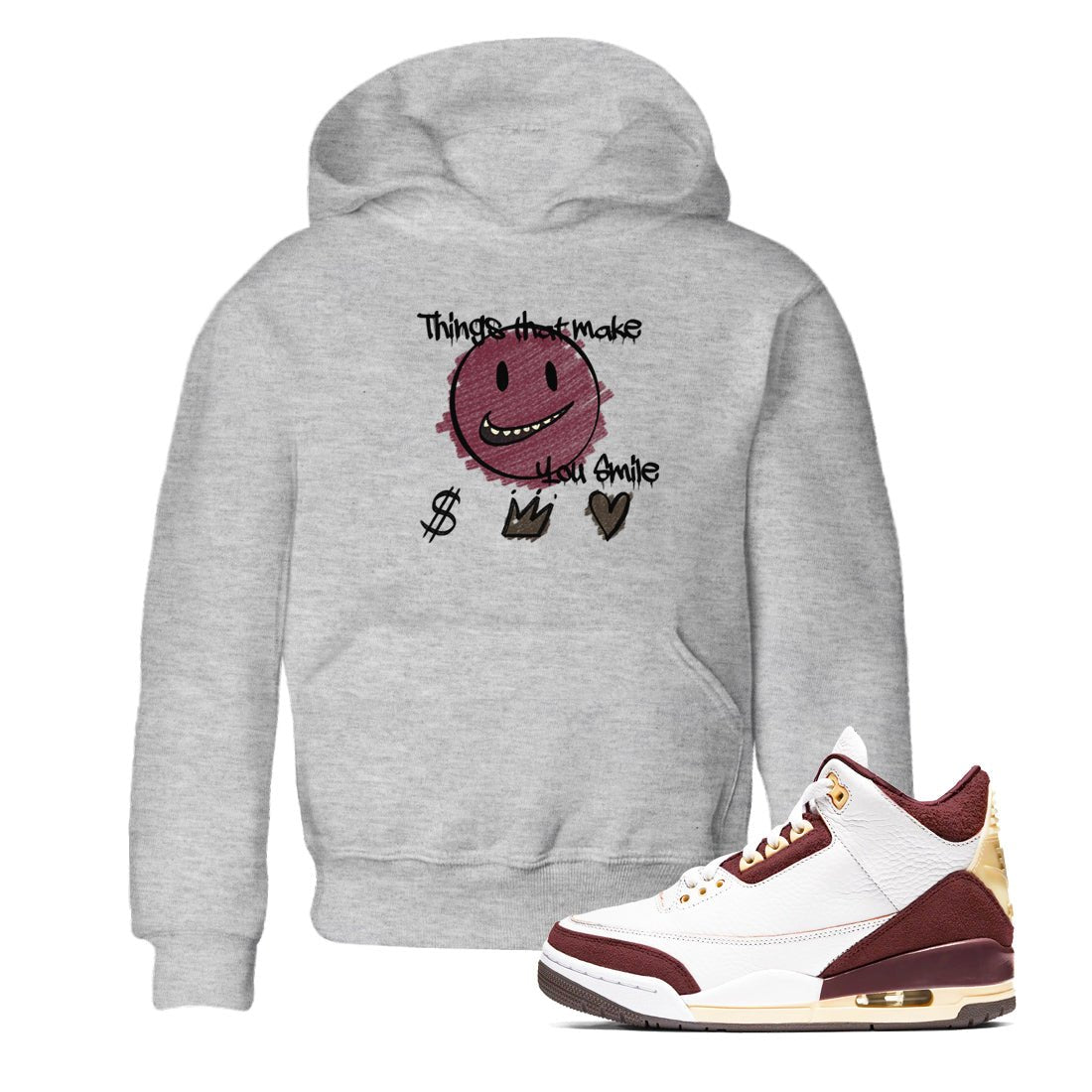 AJ3 A Ma Maniere x Burgundy Crush shirts to match jordans Things That Make You Smile sneaker match tees A Ma Maniére x Air Jordan 3 "Burgundy Crush" SNRT Sneaker Tees streetwear brand Baby and Youth Heather Grey 1 cotton tee