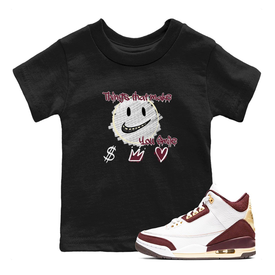 AJ3 A Ma Maniere x Burgundy Crush shirts to match jordans Things That Make You Smile sneaker match tees A Ma Maniére x Air Jordan 3 "Burgundy Crush" SNRT Sneaker Tees streetwear brand Baby and Youth Black 1 cotton tee