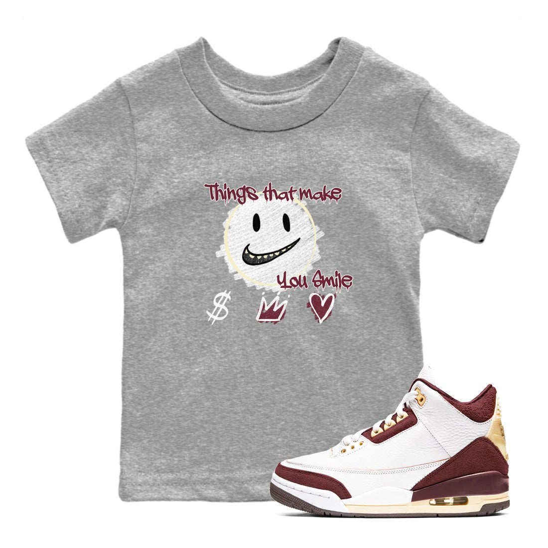 AJ3 A Ma Maniere x Burgundy Crush shirts to match jordans Things That Make You Smile sneaker match tees A Ma Maniére x Air Jordan 3 "Burgundy Crush" SNRT Sneaker Tees streetwear brand Baby and Youth Heather Grey 1 cotton tee