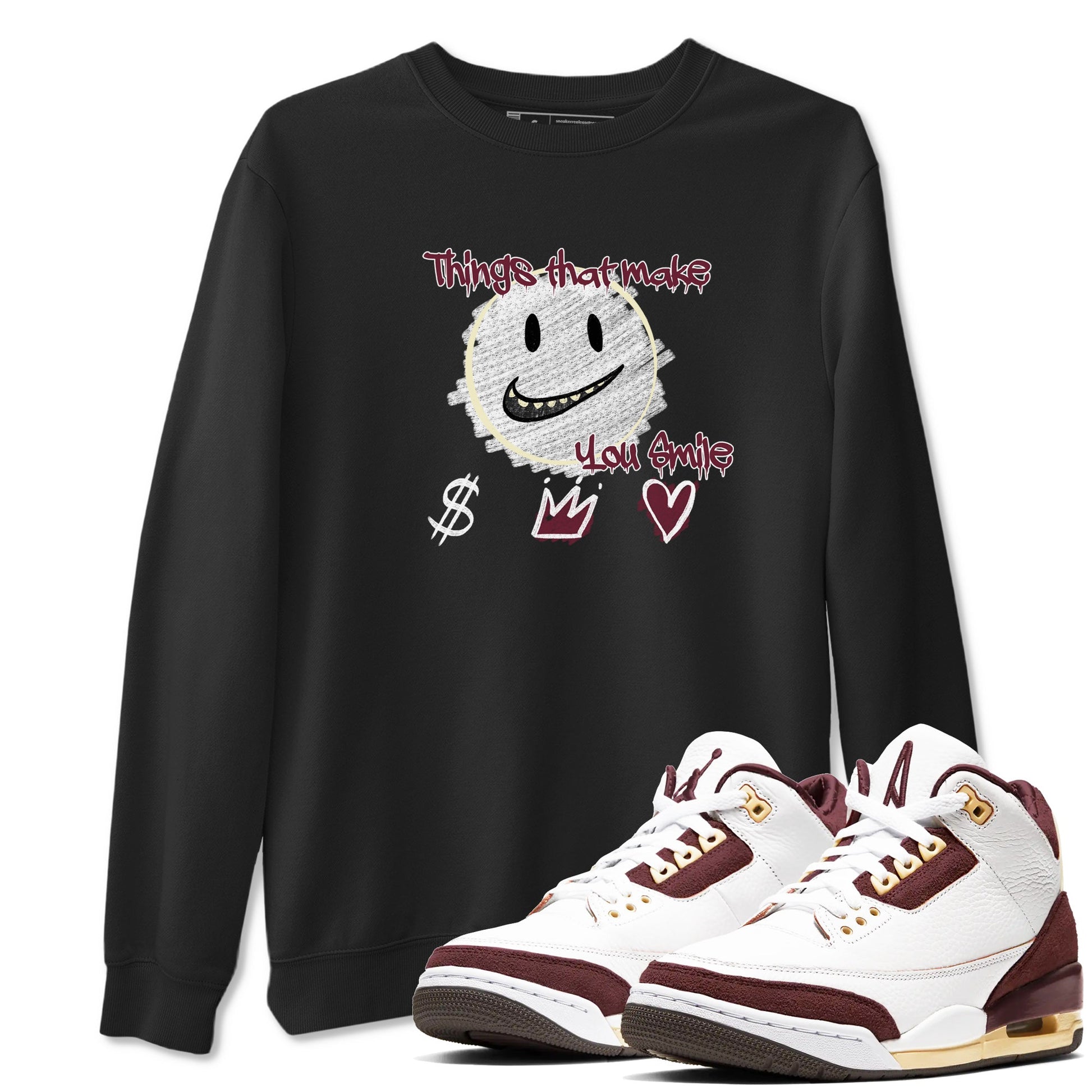 AJ3 A Ma Maniere x Burgundy Crush shirts to match jordans Things That Make You Smile sneaker match tees A Ma Maniére x Air Jordan 3 "Burgundy Crush" SNRT Sneaker Tees streetwear brand Black 1 unisex cotton tee