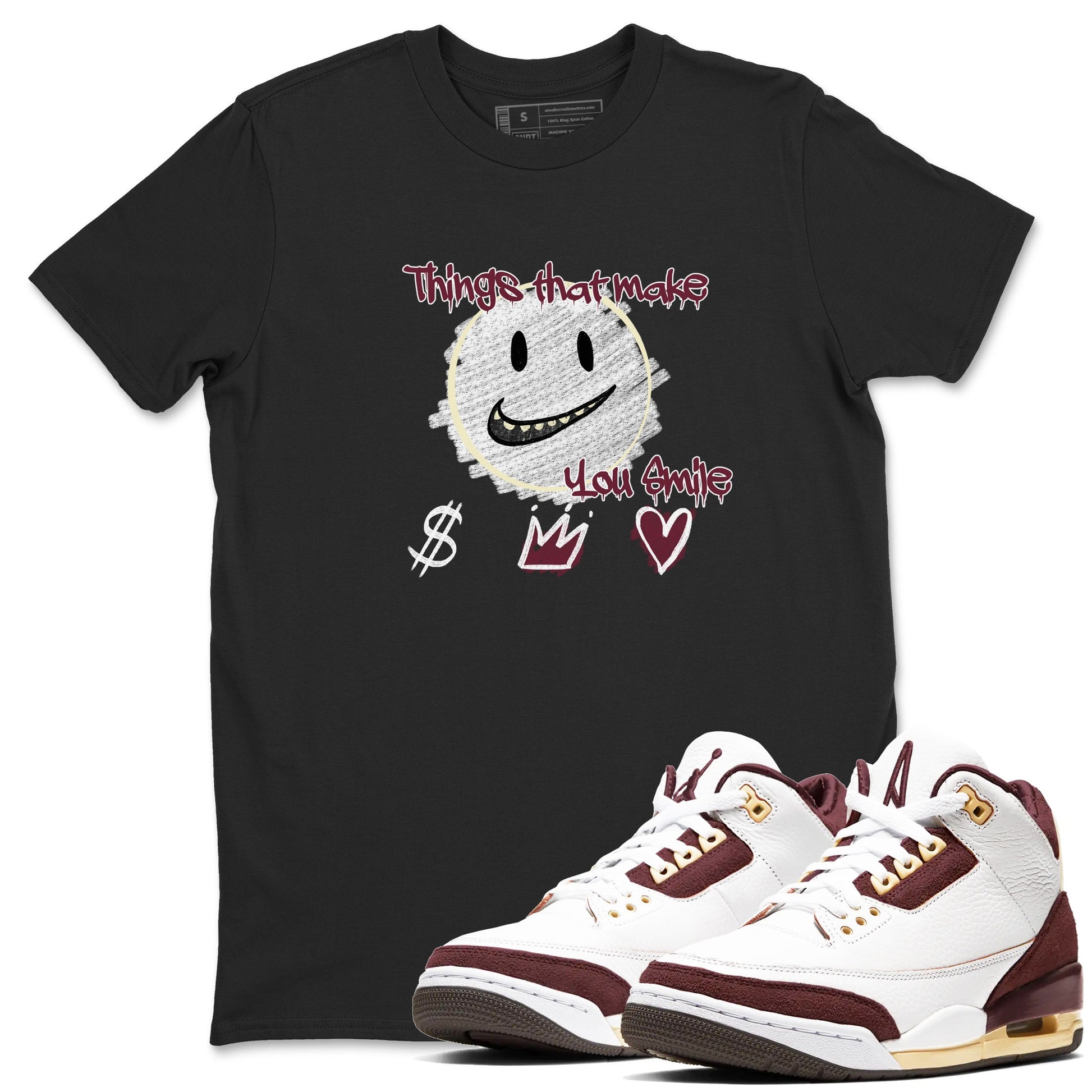 AJ3 A Ma Maniere x Burgundy Crush shirts to match jordans Things That Make You Smile sneaker match tees A Ma Maniére x Air Jordan 3 "Burgundy Crush" SNRT Sneaker Tees streetwear brand Black 1 unisex cotton tee