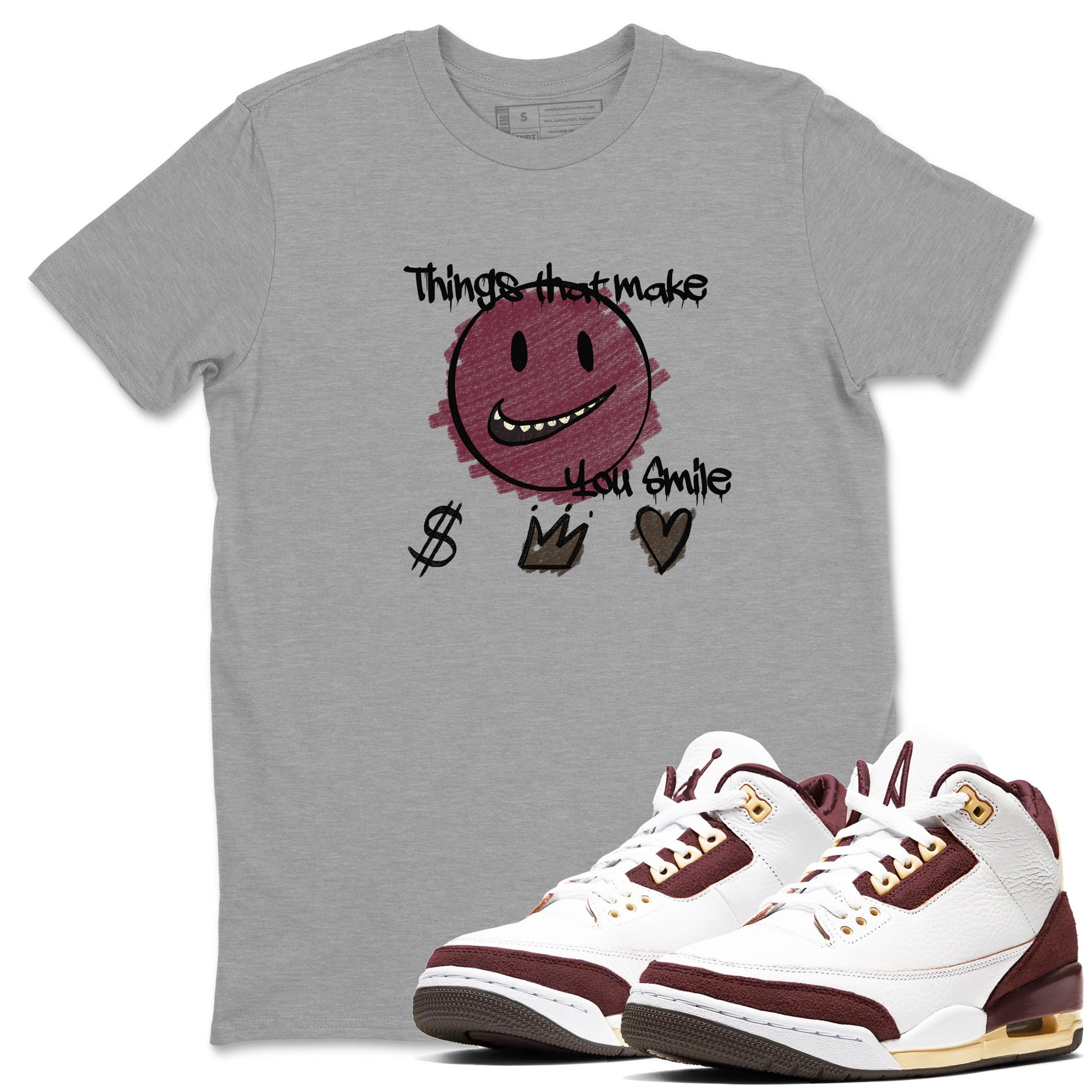 AJ3 A Ma Maniere x Burgundy Crush shirts to match jordans Things That Make You Smile sneaker match tees A Ma Maniére x Air Jordan 3 "Burgundy Crush" SNRT Sneaker Tees streetwear brand Heather Grey 1 unisex cotton tee