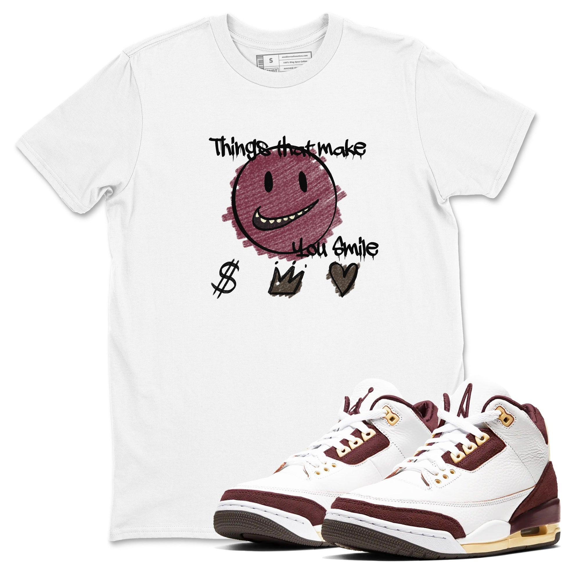 AJ3 A Ma Maniere x Burgundy Crush shirts to match jordans Things That Make You Smile sneaker match tees A Ma Maniére x Air Jordan 3 "Burgundy Crush" SNRT Sneaker Tees streetwear brand White 1 unisex cotton tee