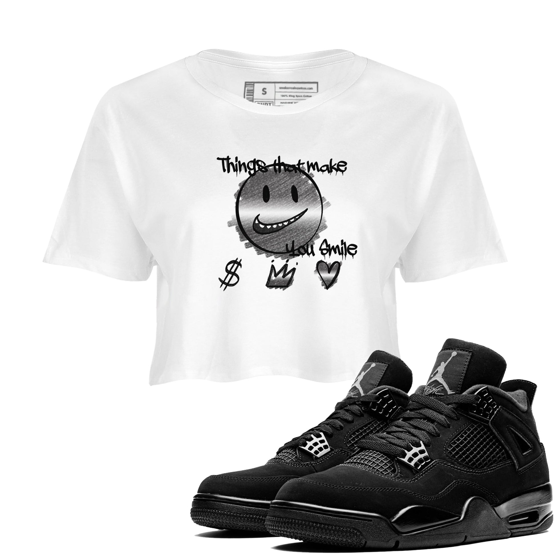 4s Black Cat shirts to match jordans Things That Make You Smile sneaker match tees Air Jordan 4 Black Cat match shoes to clothes SNRT Sneaker Tees unisex cotton White 1 crop tee