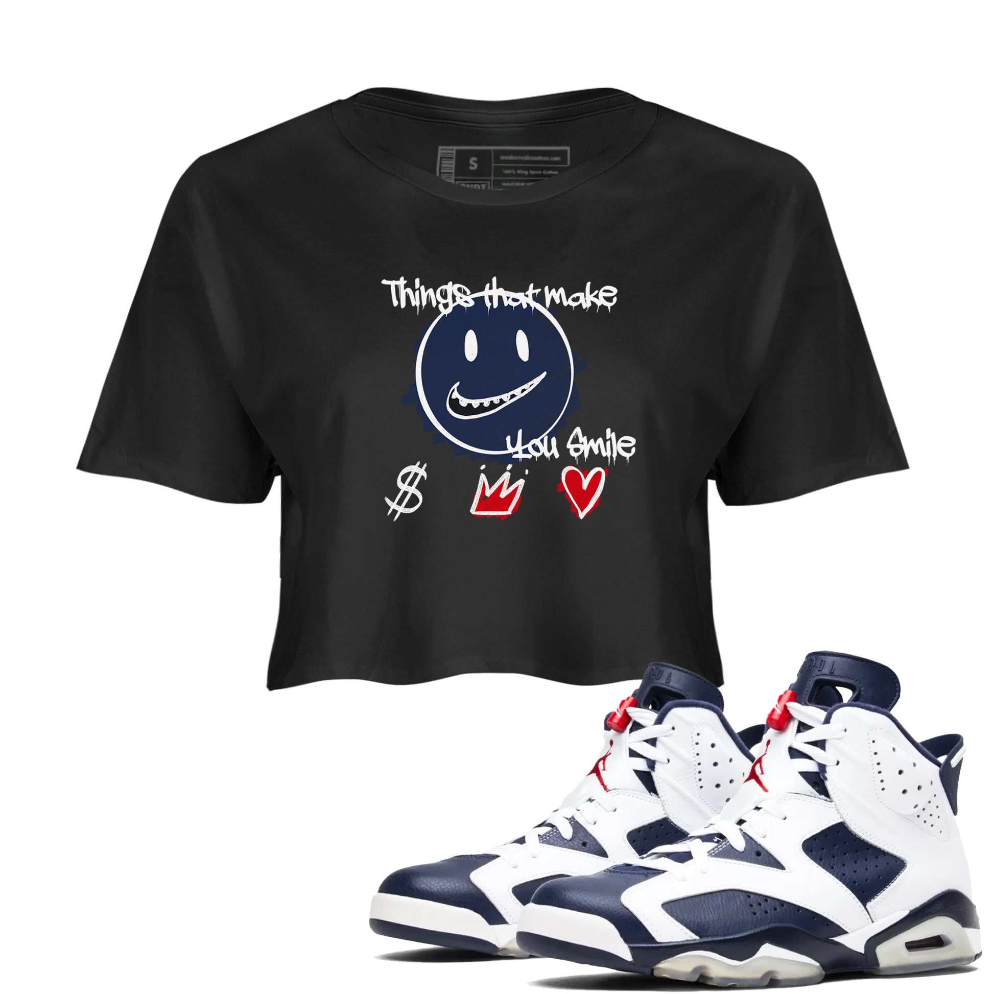 6s Olympic shirts to match jordans Things That Make You Smile sneaker match tees Air Jordan 6 Olympic SNRT Sneaker Tees streetwear brand Black 1 crop tee