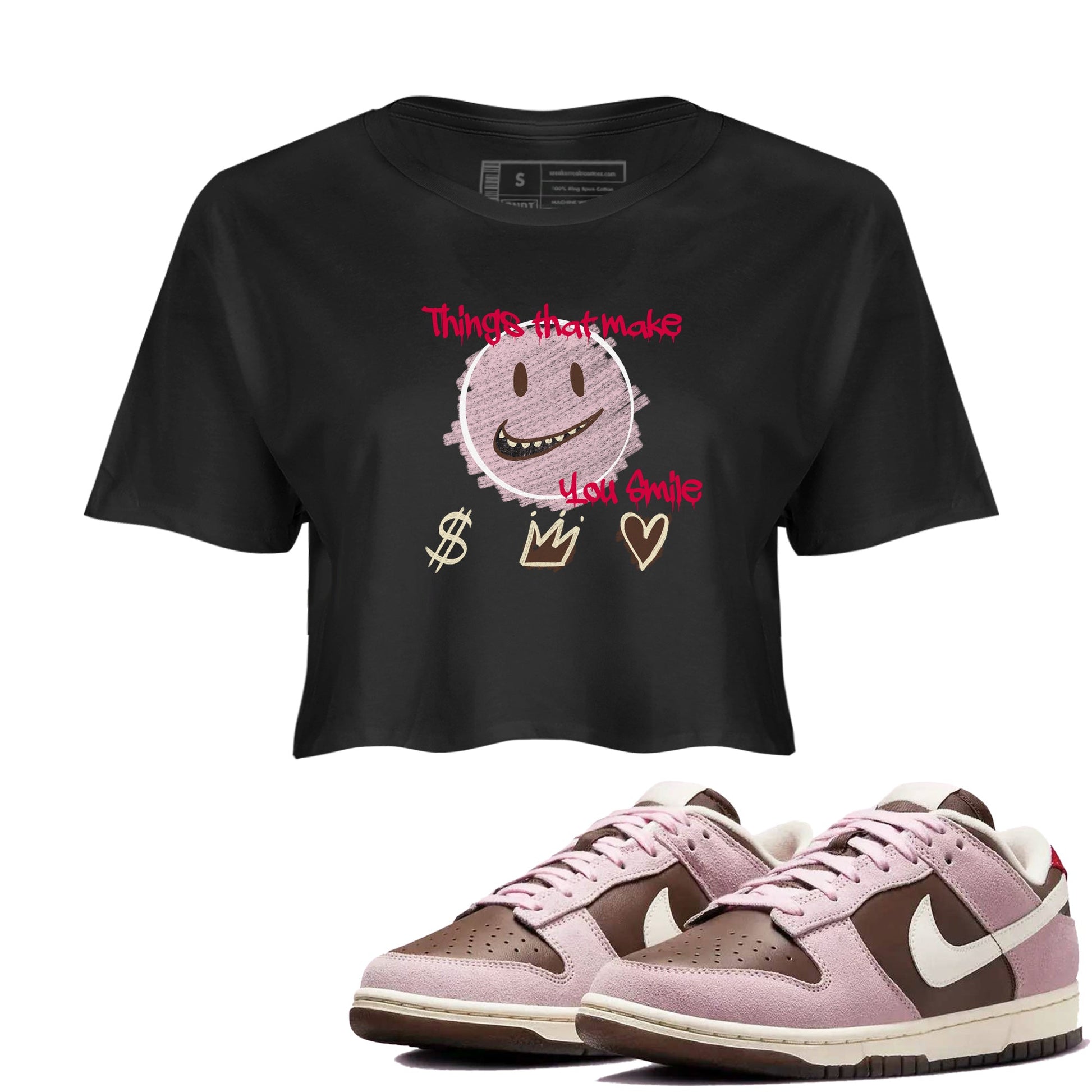 Dunk Cacao Wow And Pink Foam shirts to match jordans Things That Make You Smile sneaker match tees Dunk Cacao Wow And Pink Foam SNRT Sneaker Tees streetwear brand Black 1 crop tee