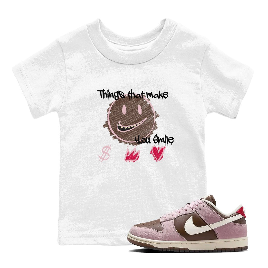 Dunk Cacao Wow And Pink Foam shirts to match jordans Things That Make You Smile sneaker match tees Dunk Cacao Wow And Pink Foam SNRT Sneaker Tees streetwear brand Baby and Youth White 1 cotton tee