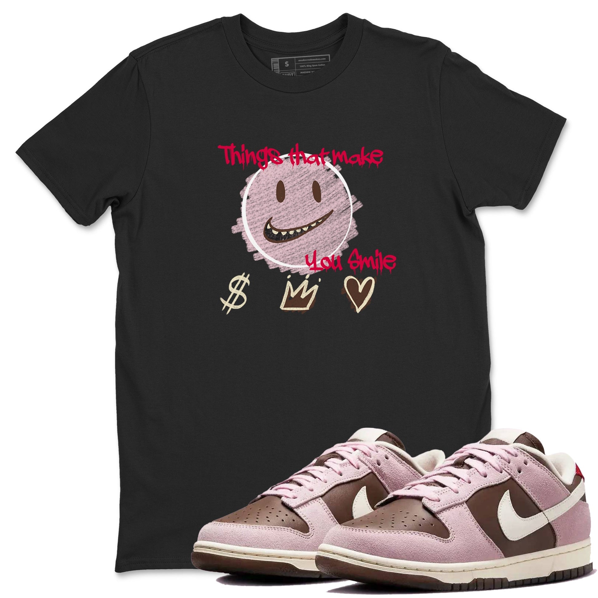 Dunk Cacao Wow And Pink Foam shirts to match jordans Things That Make You Smile sneaker match tees Dunk Cacao Wow And Pink Foam SNRT Sneaker Tees streetwear brand Black 1 unisex cotton tee