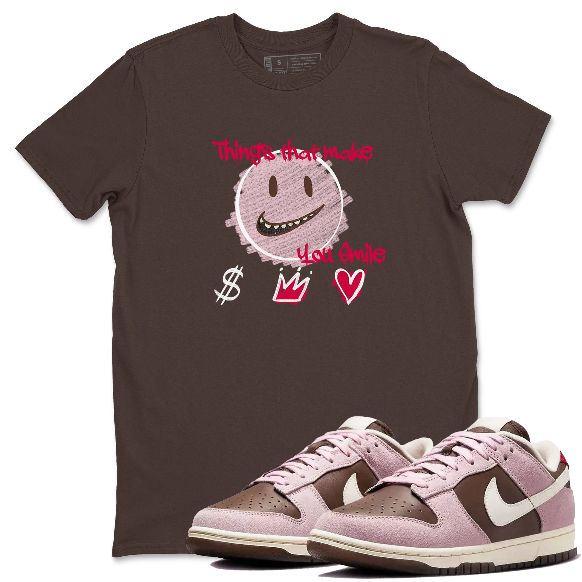 Dunk Cacao Wow And Pink Foam shirts to match jordans Things That Make You Smile sneaker match tees Dunk Cacao Wow And Pink Foam SNRT Sneaker Tees streetwear brand Dark Chocolate 1 unisex cotton tee