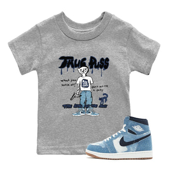 1s Denim shirts to match jordans Thug Puss sneaker match tees Air Jordan 1 Denim SNRT Sneaker Tees streetwear brand Baby and Youth Heather Grey 1 cotton tee