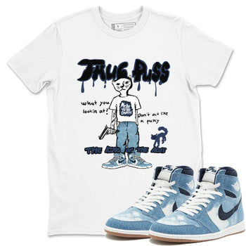 1s Denim shirts to match jordans Thug Puss sneaker match tees Air Jordan 1 Denim SNRT Sneaker Tees streetwear brand White 1 unisex cotton tee