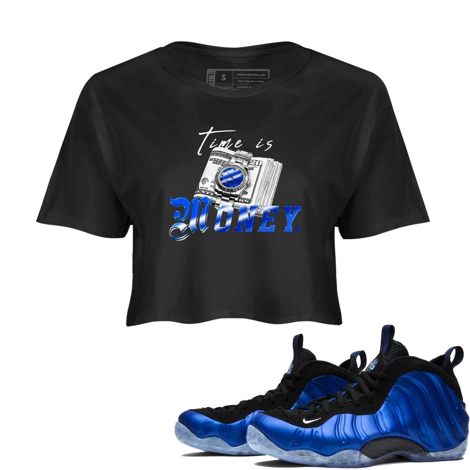 Air Foamposite One Royal shirts to match jordans Time Is Money sneaker match tees Air Foamposite One Royal SNRT Sneaker Release Tees unisex cotton Black 1 Crop Shirts