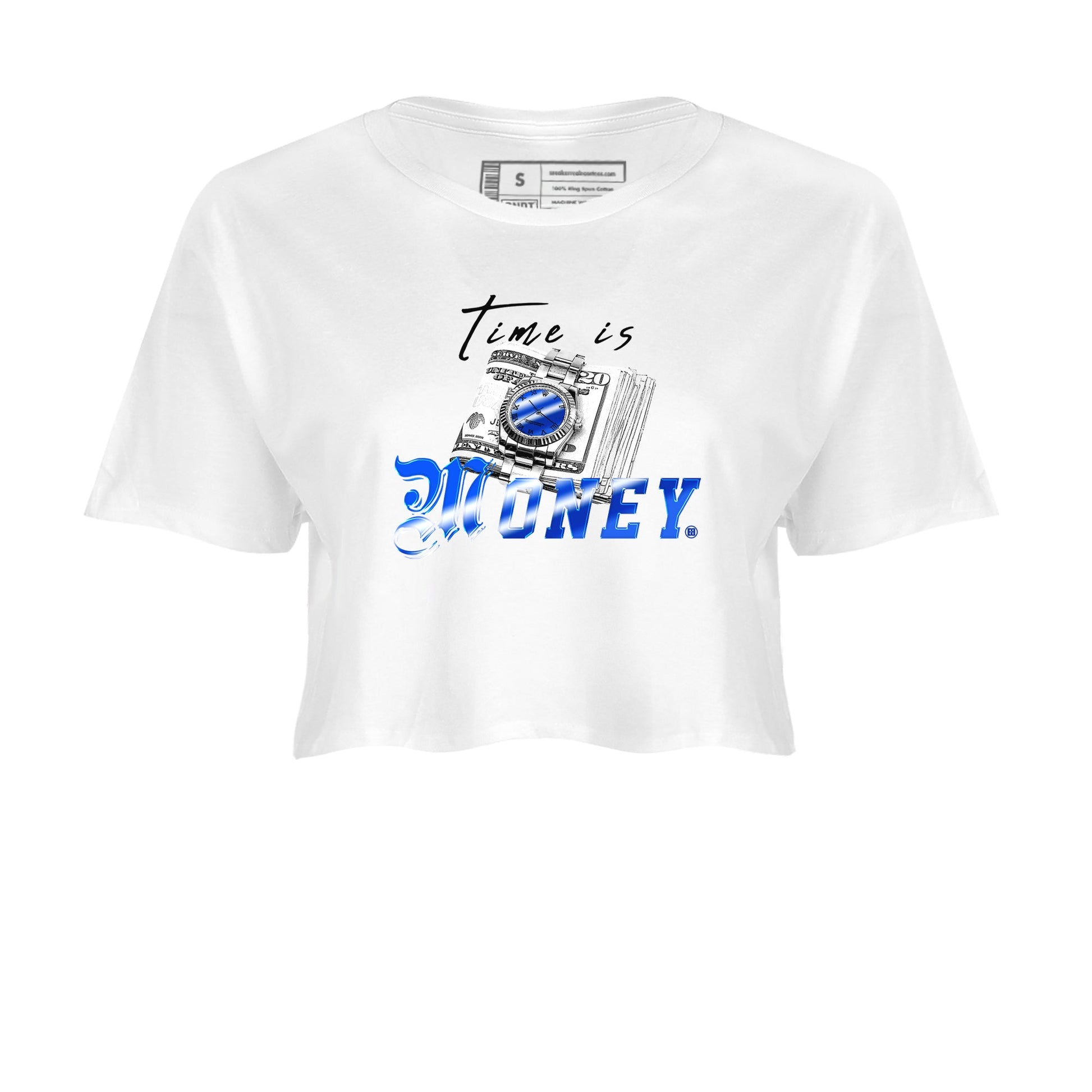 Air Foamposite One Royal shirts to match jordans Time Is Money sneaker match tees Air Foamposite One Royal SNRT Sneaker Release Tees unisex cotton White 2 Crop Shirts