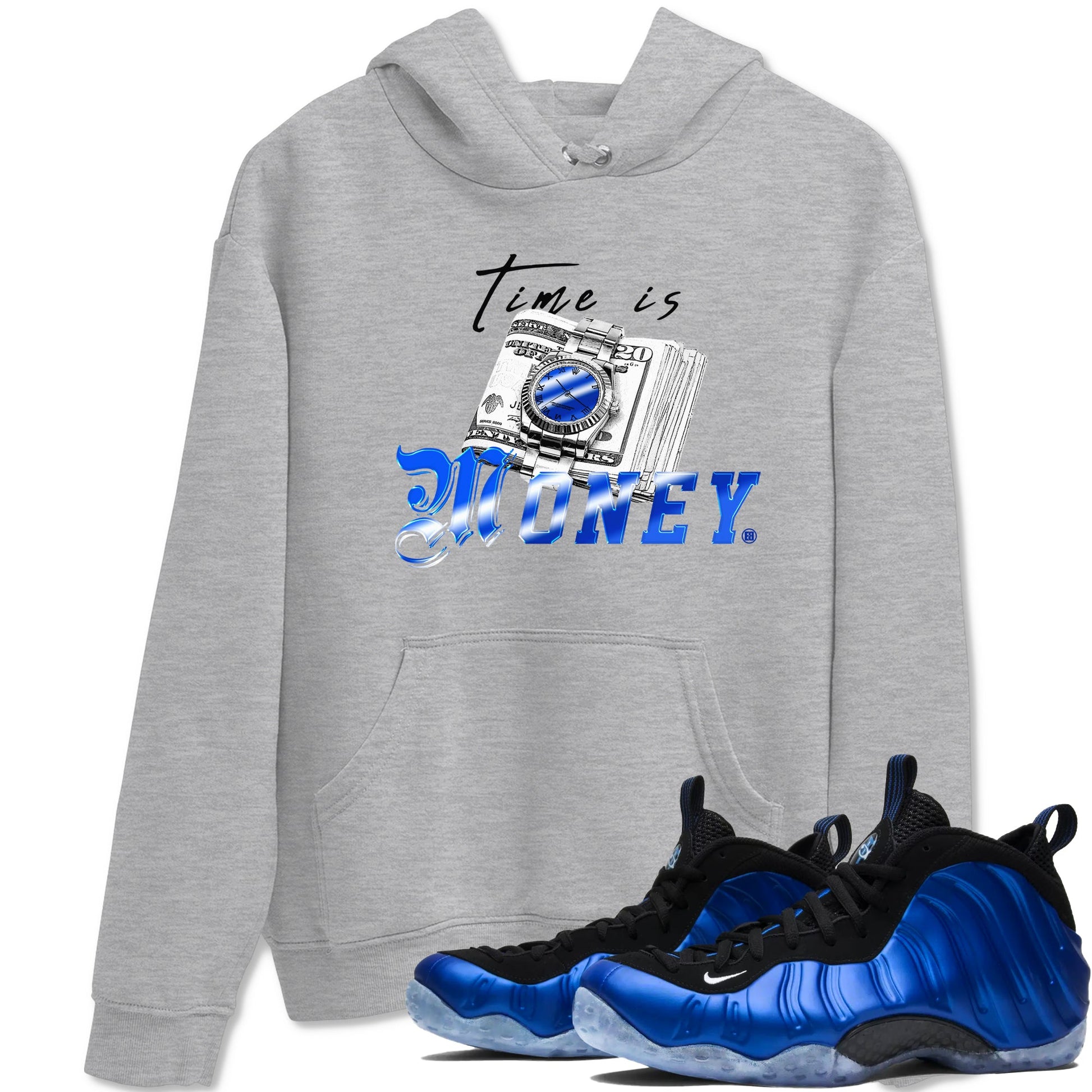Air Foamposite One Royal shirts to match jordans Time Is Money sneaker match tees Air Foamposite One Royal SNRT Sneaker Release Tees unisex cotton Heather Grey 1 crew neck shirts
