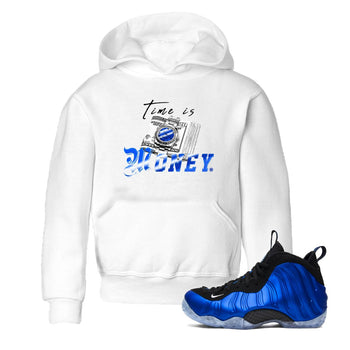 Air Foamposite One Royal shirts to match jordans Time Is Money sneaker match tees Air Foamposite One Royal SNRT Sneaker Release Tees Youth Baby White 1 crew neck shirts