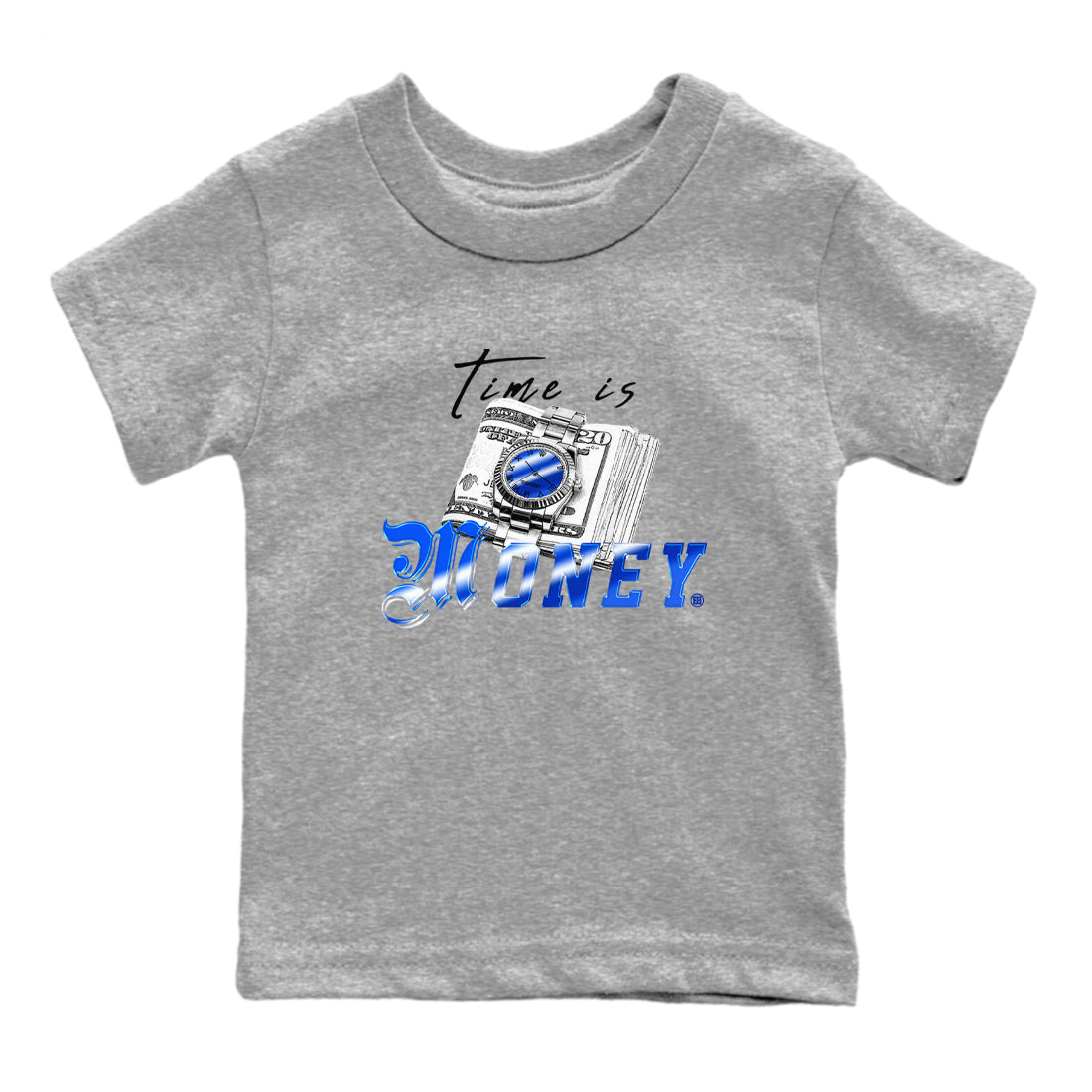 Air Foamposite One Royal shirts to match jordans Time Is Money sneaker match tees Air Foamposite One Royal SNRT Sneaker Release Tees Youth Baby Heather Grey 2 crew neck shirts